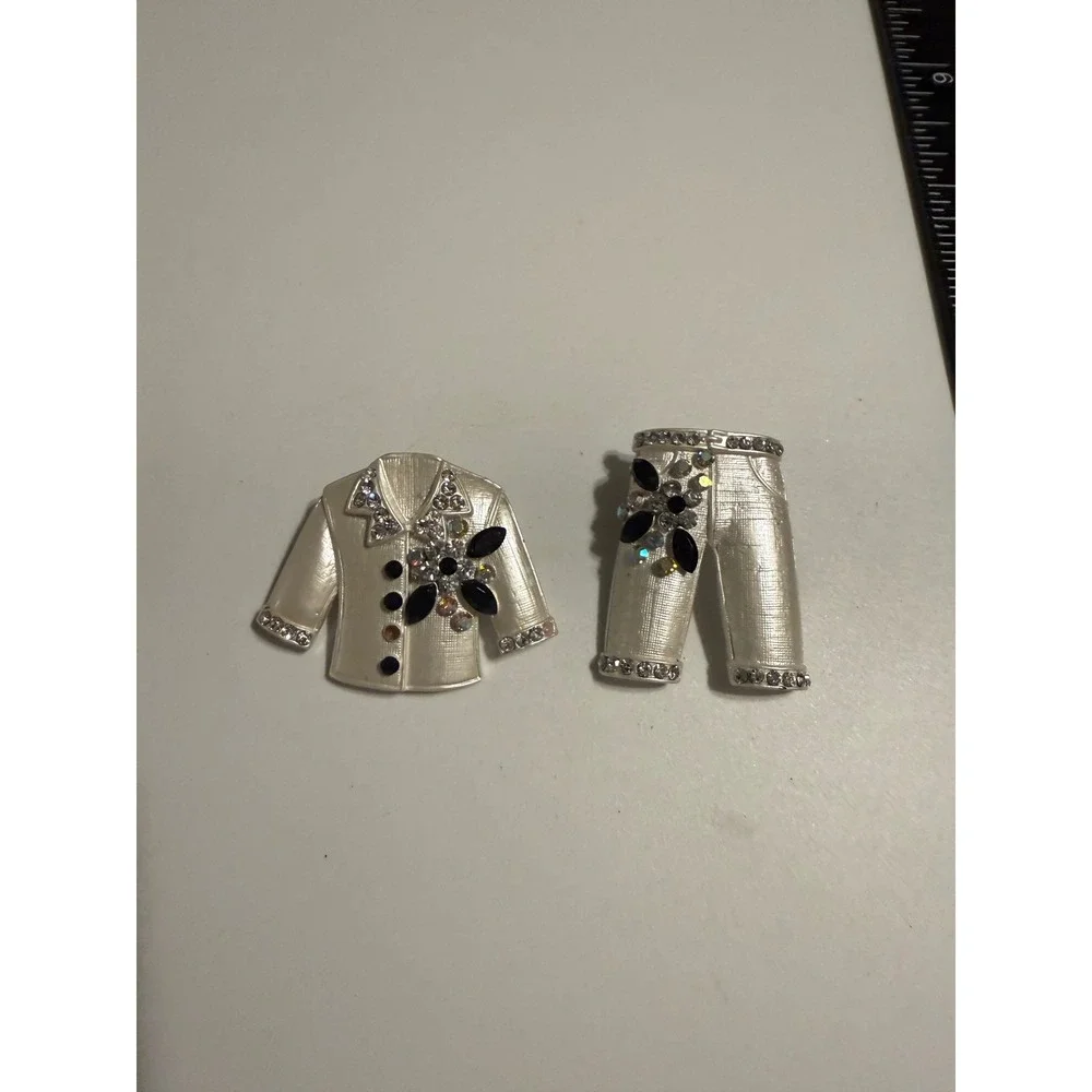 Vintage Silver Tone Rhinestone Jacket and Pants Brooch Set Fashion Outfit‎ Pins